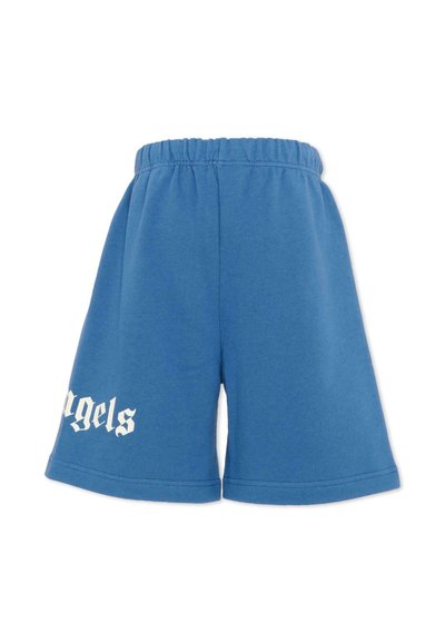 Shorts bleu à taille élastique avec des jambes larges et le texte blanc de style gothique "angels" sur l'ourlet gauche.