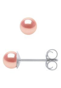 Boucles d'oreilles en perles roses, avec une surface brillante, de forme circulaire et un arrière en ton argent. Le design présente une finition lisse et réfléchissante.