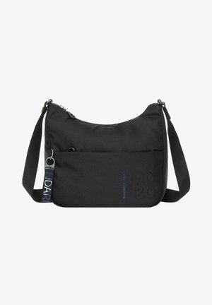 Zwarte schoudertas gemaakt van textuurstof, met een bovenste ritsafsluiting, een verstelbare schouderband en een voorzak met logoaccenten.