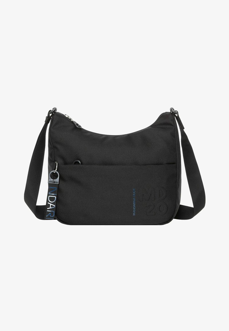 Borsa a spalla nera realizzata in tessuto testurizzato, con chiusura superiore a zip, tracolla regolabile e tasca frontale con dettagli del logo.