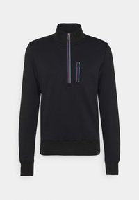 Sweatshirt noir avec un col montant, un zip frontale demi-long et une petite poche zippée. Présente des rayures verticales colorées sur le zip.