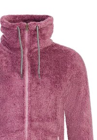 Veste rose douce et duveteuse à fermeture éclair avec col haut et cordons noirs et blancs au col, vue de face avec la fermeture éclair entièrement fermée.