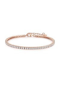Armband aus Roségold mit mehreren klaren Strasssteinen in einem Gliederdesign, mit einem Karabinerverschluss und einer verstellbaren Kette zur Größenanpassung.