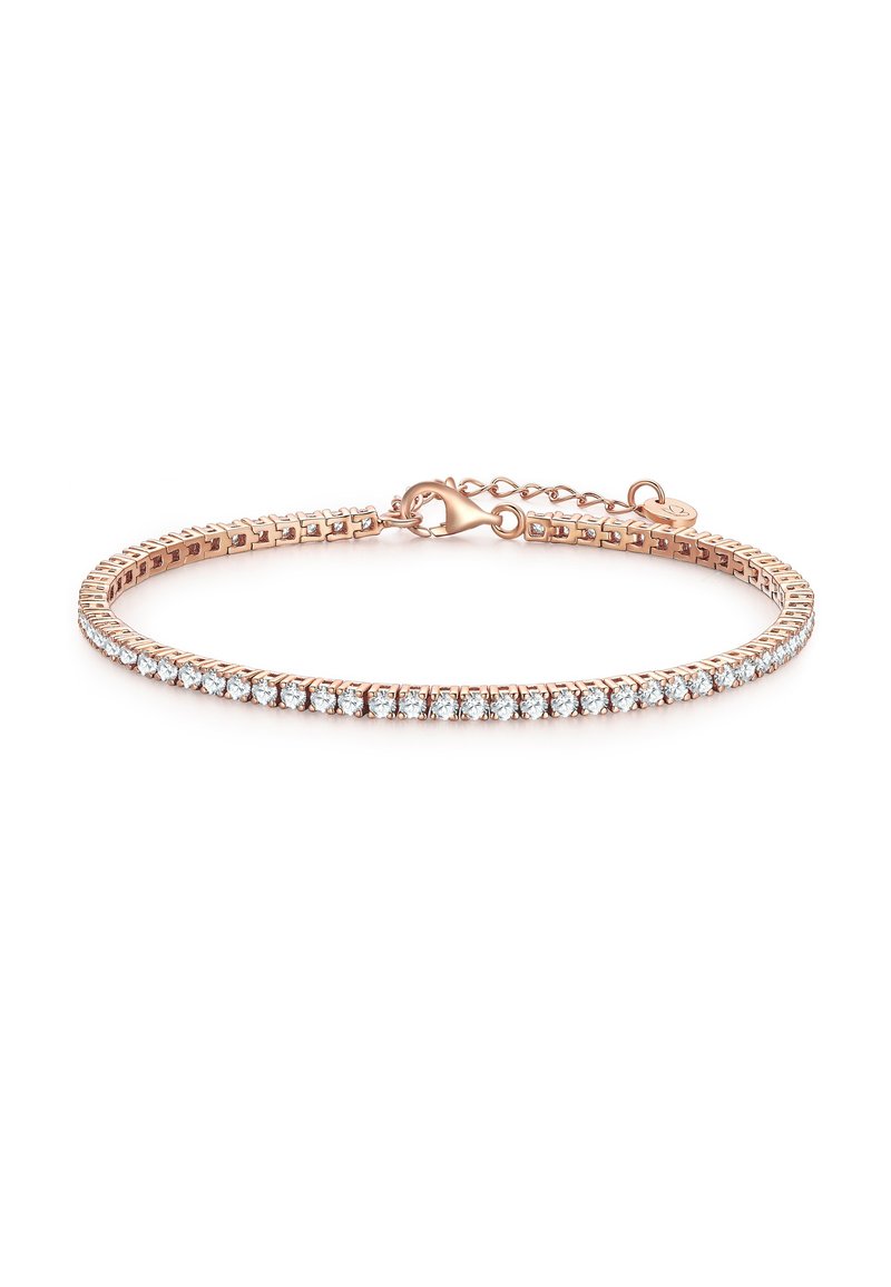 Armband aus Roségold mit mehreren klaren Strasssteinen in einem Gliederdesign, mit einem Karabinerverschluss und einer verstellbaren Kette zur Größenanpassung.