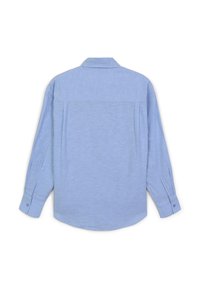 Light blue long-sleeve shirt with a button-down collar, made of soft fabric, featuring a yoke detail and cuffs with single buttons.