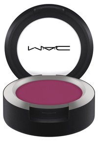 Ronde, zwarte compact met een gestructureerde, diep magenta oogschaduw. Een zilveren rand accentueert de binnenkant, logo zichtbaar op het deksel.