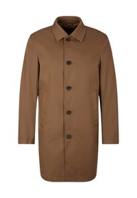 Brauner, knielanger Mantel aus glattem Stoff, mit einem Kragen, fünf Knopfverschlüssen und zwei Seitentaschen.
