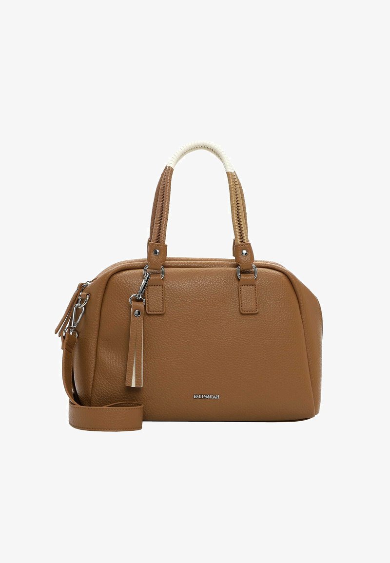 Sac à main en cuir marron texturé avec deux poignées supérieures, bandoulière amovible et quincaillerie argentée.