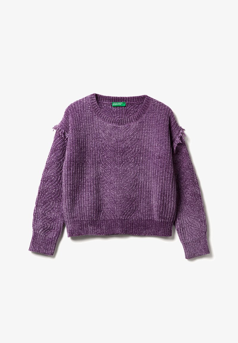 Lila gestrickter Pullover mit einem strukturierten Muster, weitem Rundhals-Ausschnitt und fransigen Akzenten an den Schultern. Geripptes Bündchen und Bündchen.