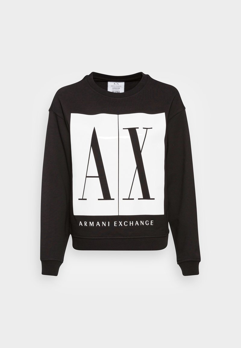 Sweat-shirt noir à manches longues avec un grand carré blanc sur le devant affichant les lettres noires "A|X" et le texte "Armani Exchange" en dessous.