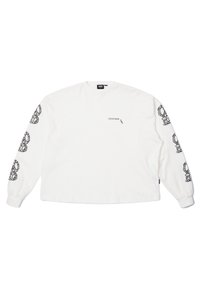 White long-sleeve t-shirt made of cotton, featuring black graphic accents on both sleeves and a small logo on the front.