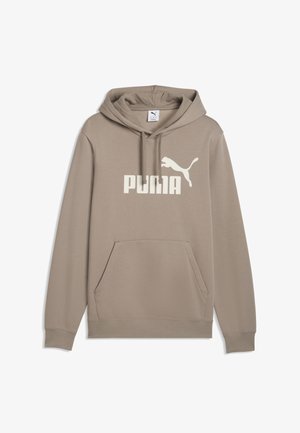 Beżowa bluza z kapturem z kieszenią z przodu oraz białym logo i napisem Puma na piersi.