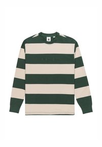 Long-sleeve striped shirt in dark green and beige, featuring a crew neckline and textured logo detail on the chest. Cotton material.