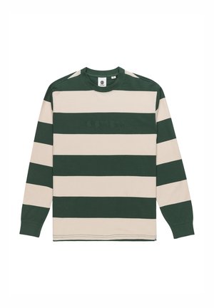 Camicia a maniche lunghe a righe in verde scuro e beige, con collo tondo e dettaglio del logo in rilievo sul petto. Materiale in cotone.