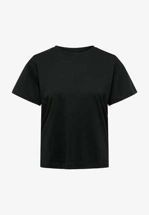 Czarna bawełniana koszulka z krótkim rękawem, okrągłym dekoltem i prostym wykończeniem. Prosty design, miękka tekstura i minimalistyczne wykończenie.