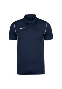 Polo shirt blu navy con colletto classico, dettagli bianchi sulle spalle e piccolo logo Nike bianco sul lato sinistro del petto.