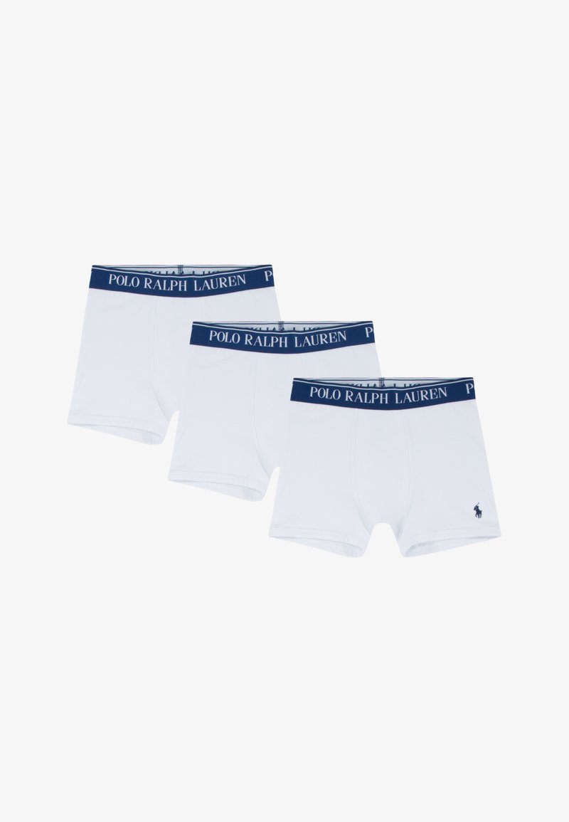Tri para belih bokser hlačk z mornarsko modrim elastičnim pasom z napisom "POLO RALPH LAUREN" in z majhno vezeno podrobnostjo konja.