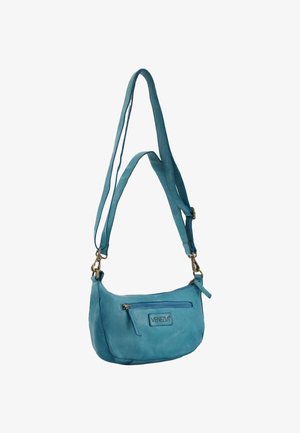 Teal leather shoulder bag with a curved shape, long adjustable strap, and front zip pocket. Features a branded logo plate.