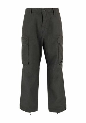 Pantaloni cargo neri con multiple tasche con patta e chiusura con bottone, con coulisse regolabili ai polsini delle caviglie.