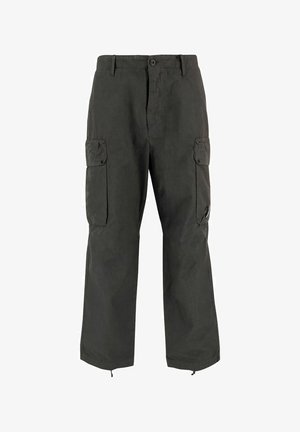 Pantaloni cargo neri con multiple tasche con patta e chiusura con bottone, con coulisse regolabili ai polsini delle caviglie.