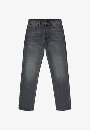 Šedé džíny z denimu se rovný střih, obsahující pět kapes, zapínání na knoflík a jemné přechody barvy. Zpevněné švy a měděné detaily.