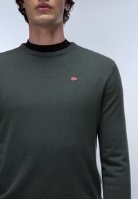 Maglione verde lavorato a maglia con texture a costine, caratterizzato da una piccola bandiera norvegese ricamata sul lato sinistro del petto. Collo rotondo, maniche lunghe.