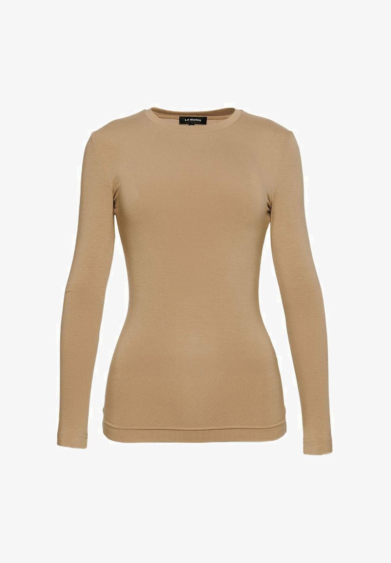 Beżowa bluzka z długim rękawem wykonana z elastycznego materiału, z okrągłym dekoltem i dopasowanym krojem. Posiada bezszwowy design i minimalne akcenty.