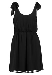 Robe noire sans manches avec une taille cintrée, réalisée en tissu léger. Présente des nœuds aux épaules et une jupe fluide avec un ourlet brillant.