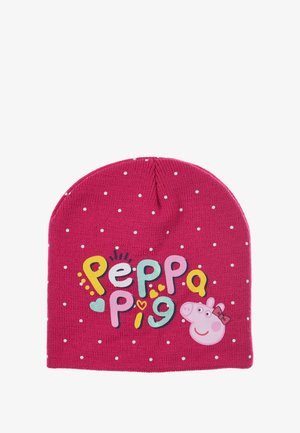 Bonnet en tricot rose avec des pois blancs, arborant le texte "Peppa Pig" en lettres colorées et une illustration de Peppa Pig avec un nœud.