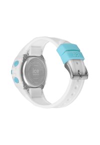 Orologio con cinturino in silicone bianco e dettagli turchesi, fondo cassa in acciaio inossidabile e due pulsanti. Impermeabile fino a 100 metri.