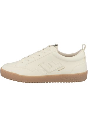 Cream-colored sneaker with a smooth leather upper, lace-up front, tan rubber sole, and embossed logo on the side.