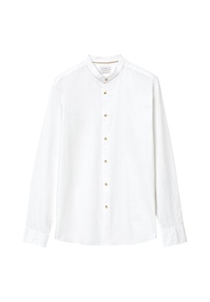 Weißes Langarmhemd aus Baumwolle. Mit Stehkragen, vorderer Knopfverschluss mit goldenen Knöpfen und geknöpften Ärmeln. Glatte Textur.