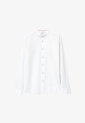 Weißes Langarmhemd aus Baumwolle. Mit Stehkragen, vorderer Knopfverschluss mit goldenen Knöpfen und geknöpften Ärmeln. Glatte Textur.