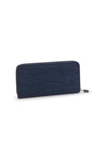 Mörkblå plånbok med texturerad yta, dragkedjestängning, platt form och kontrasterande sömmar. Inkluderar en liten detalj med dragkedja.