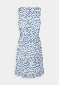 Sleeveless dress with a fitted waist, featuring a blue and white geometric pattern, flared skirt, and a soft cotton fabric texture.