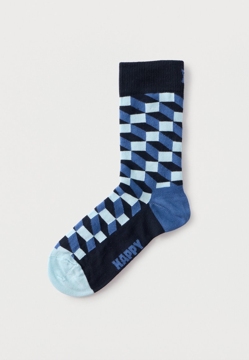 Șosetă unică bleumarin cu vârf, călcâi și model geometric de cuburi în nuanțe de albastru deschis, cu textul "HAPPY" pe talpă.