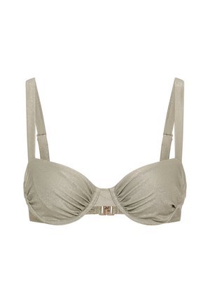 Trblietavý béžový bikinový top s kostícami, nastaviteľnými ramienkami a zapínaním vpredu, s detailmi na stiahnutých košíčkoch.