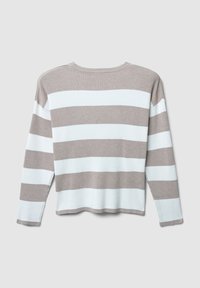 Langärmliger gerippter Pullover mit horizontalen Streifen in hellem Beige und Weiß. Boxy-Form mit rundem Halsausschnitt und geradem Saum.