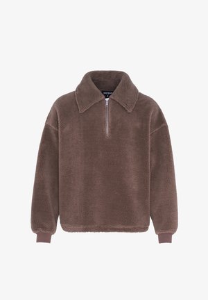 Brauner Fleece-Pullover mit großem Kragen, halbhohem Reißverschluss vorne, langen Ärmeln und gerippten Bündchen, entworfen für legere Freizeitkleidung.