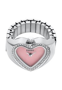 Orologio da polso argentato con cassa a forma di cuore, quadrante rosa e dettagli in cristallo attorno alla lunetta. Presenta un bracciale a maglie metalliche.