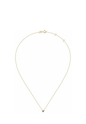 Delikat guldkæde med lille vedhæng med klynge af røde ædelsten og fjederlås med justerbare øjer.