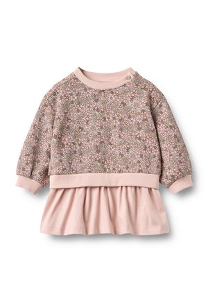 Vestito per bambino a manica lunga con parte superiore rosa con motivo floreale, polsini a coste e gonna rosa tinta unita arricciata.