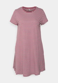 Vestido de t-shirt às riscas vermelhas e brancas, com mangas curtas, decote redondo e corte solto, feito de um tecido suave e leve.