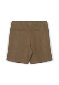 Pantaloni corti intrecciati marroni con una vita elastica, dotati di due tasche posteriori e una superficie lavorata. Il design è semplice e funzionale.