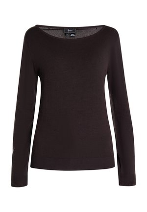 Črna pulover s dolgimi rokavi, z okroglo odprtino, teksturiran vzorec majhnih dvignjenih pikic in rebrast rob. Narejen iz mehke, raztegljive tkanine.