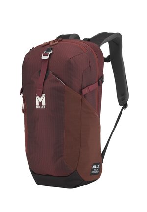 Maroon and black Millet backpack with padded shoulder straps, front buckle, and mesh side pockets, shown against a white background.
