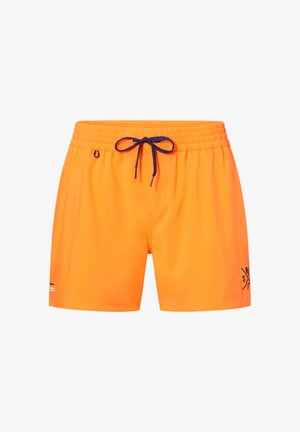 Shorts de bain orange vif avec taille élastique et cordon noir, petite boucle latérale et logo noir sur la jambe gauche.