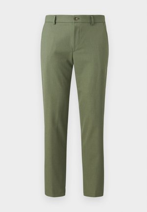 Vihreät housut, jotka on valmistettu tekstuurilla varustetusta kankaasta. Housuissa on slim fit -muotoilu, suorat lahkeet ja edessä nappikiinnitys. Sopivat rentoon tai muodolliseen pukeutumiseen.