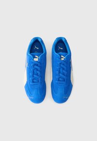 Blauwe suede sneakers met witte accenten, ronde neus, platte veters en gouden logodetails op de tong en zijkant. Over het algemeen een gladde textuur.