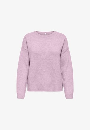 Pull à manches longues couleur lavande avec col rond, poignets et ourlet côtelés, en tissu maille douce.